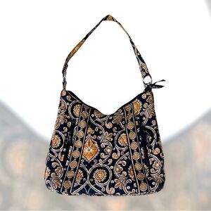 Vera Bradley Black & Brown Paisley Print Medium Shoulder Bag W/ 2 Zip Pockets